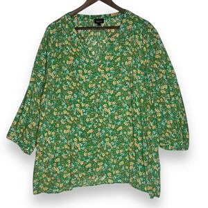 Jones & Co Floral Blouse Split Neck Popover Green Yellow Crossover Hem Rayon‎ 2X